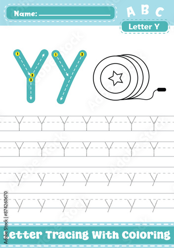 Letter Y Uppercase Lowercase Tracing Worksheet with Coloring Apple Activity. A4 Alphabet Y Trace Handwriting Printable Vector Illustration. Worksheet for Preschool Kindergarten Kids. Learn To Write.