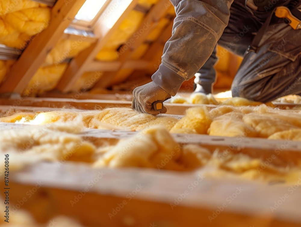 Close-up of Worker's Hand Installing Insulation in Attic. Close-up of Worker's Hand Installing Insulation in Attic.