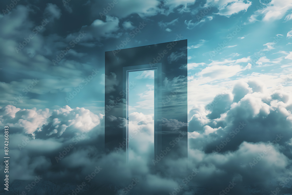 An open door stands in the middle of the sky, creating a surreal and dreamlike scene, symbolizing new opportunities and the unknown. An open door stands in the middle of the sky, creating a surreal and dreamlike scene, symbolizing new opportunities and the unknown.