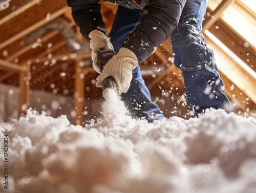 Contractor installing blown-in cellulose insulation in an attic.