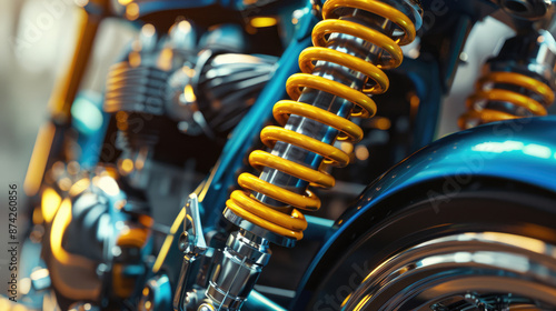 Detailed View of Motorcycle Parts. Yellow Springs and Blue Tank Close-Up