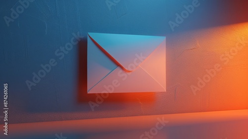 a smooth white envelope placed on an clean orange desk,color the background is gradually varied blue,studio lights,the background is smooth and has no pattern,minimalism,octane rendering,high quality 