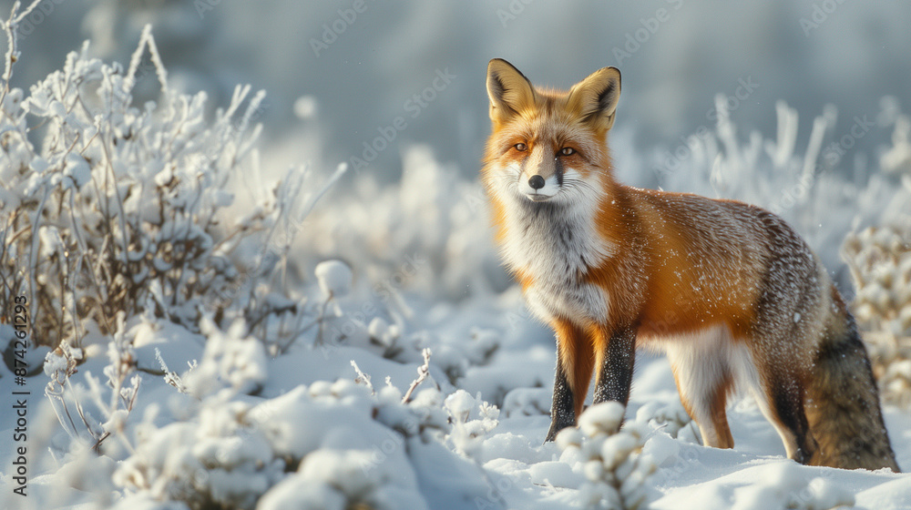 Fototapeta premium The tranquil beauty of a red fox in a snowy forest, surrounded by snow-covered trees and a clear blue sky.
