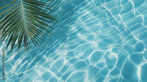 Fond d'une eau turquoise, bleue avec des reflets et du mouvement. Feuille de palmier. Pour conception et création graphique. Vacances, soleil, été, voyage. © FlyStun