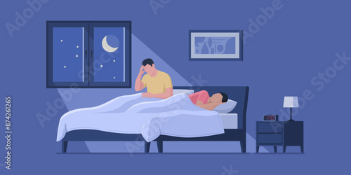 Stressed man suffering from insomnia at night