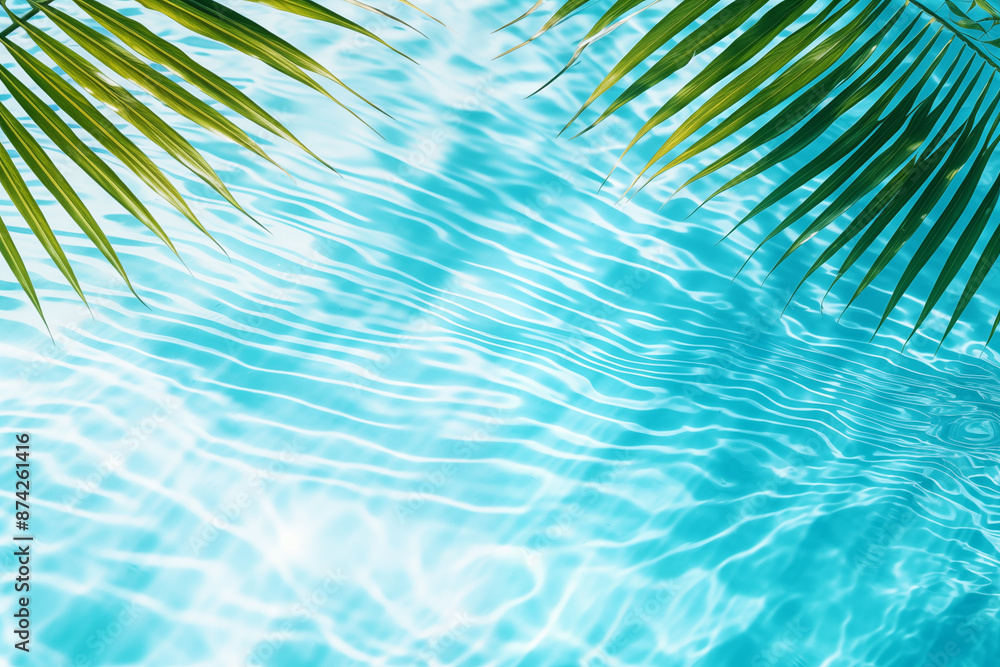 Fond d'une eau turquoise, bleue avec des reflets et du mouvement. Feuille de palmier. Pour conception et création graphique. Vacances, soleil, été, voyage. Fond d'une eau turquoise, bleue avec des reflets et du mouvement. Feuille de palmier. Pour conception et création graphique. Vacances, soleil, été, voyage.
