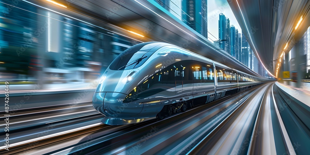 High-speed train moving through a futuristic cityscape, representing rapid urban transportation and advanced technology High-speed train moving through a futuristic cityscape, representing rapid urban transportation and advanced technology