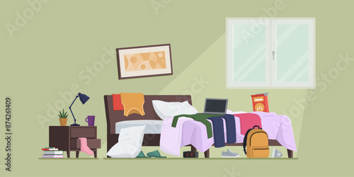 Messy cluttered teenager bedroom interior