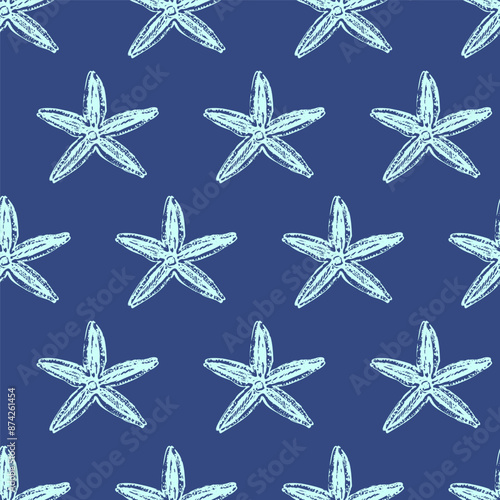 Vector sea animals seamless pattern. Starfish in neon green on blue