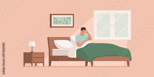 Young sick man lying in bed in the morning