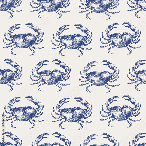Vector sea animals seamless pattern. Ocean crab in blue on white.