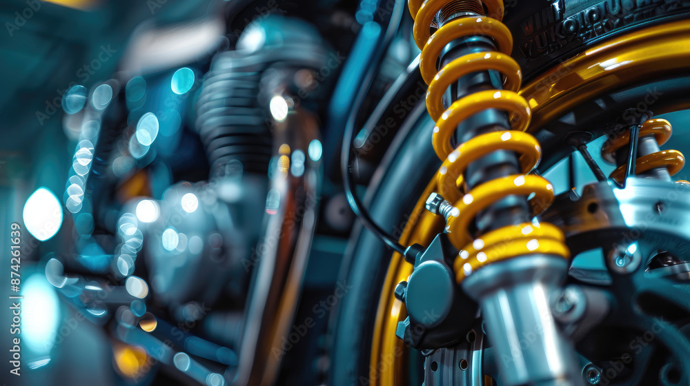 Fototapeta premium Detailed View of Motorcycle Parts. Yellow Springs and Blue Tank Close-Up