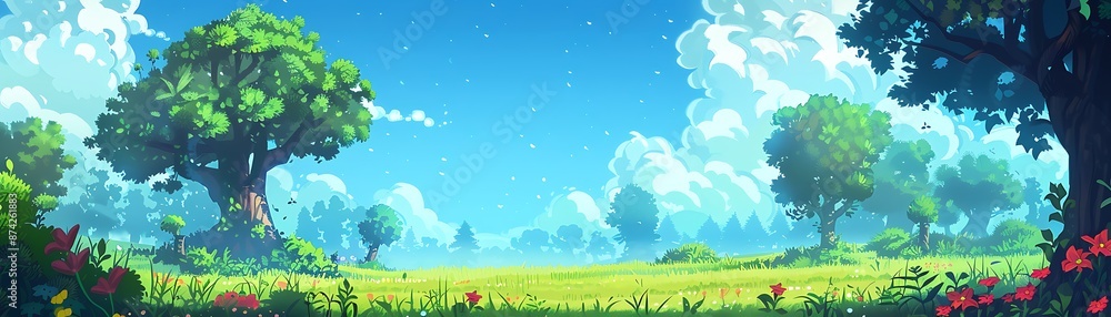 Peaceful Summer Landscape with Trees, Flowers, and a Gentle Breeze Peaceful Summer Landscape with Trees, Flowers, and a Gentle Breeze