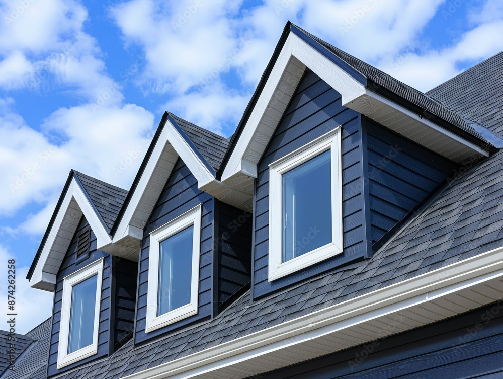 Blue Roof with Dormer Windows Against a Blue Sky with White Clouds. Blue Roof with Dormer Windows Against a Blue Sky with White Clouds.