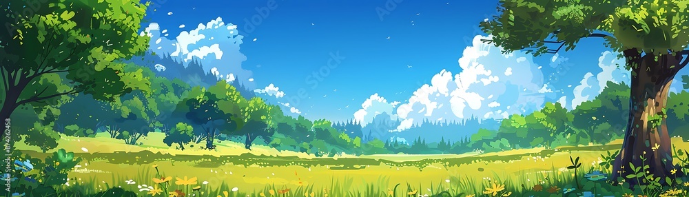 Colorful cartoon landscape with rolling hills and a large tree in the foreground Colorful cartoon landscape with rolling hills and a large tree in the foreground