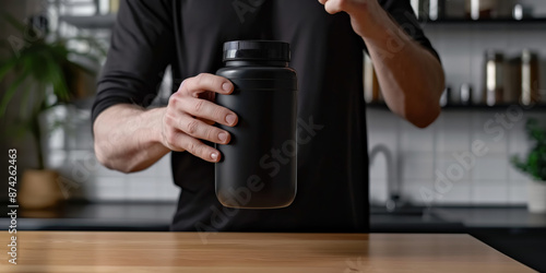 Male bodybuilder stands in the kitchen and holding a jar of protein powder or gainer in his hand.
