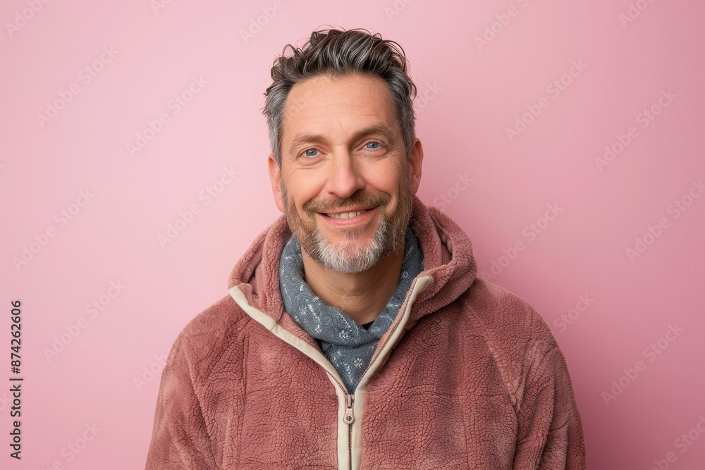 Fototapeta premium Portrait of a merry man in his 40s dressed in a comfy fleece pullover isolated in pastel or soft colors background