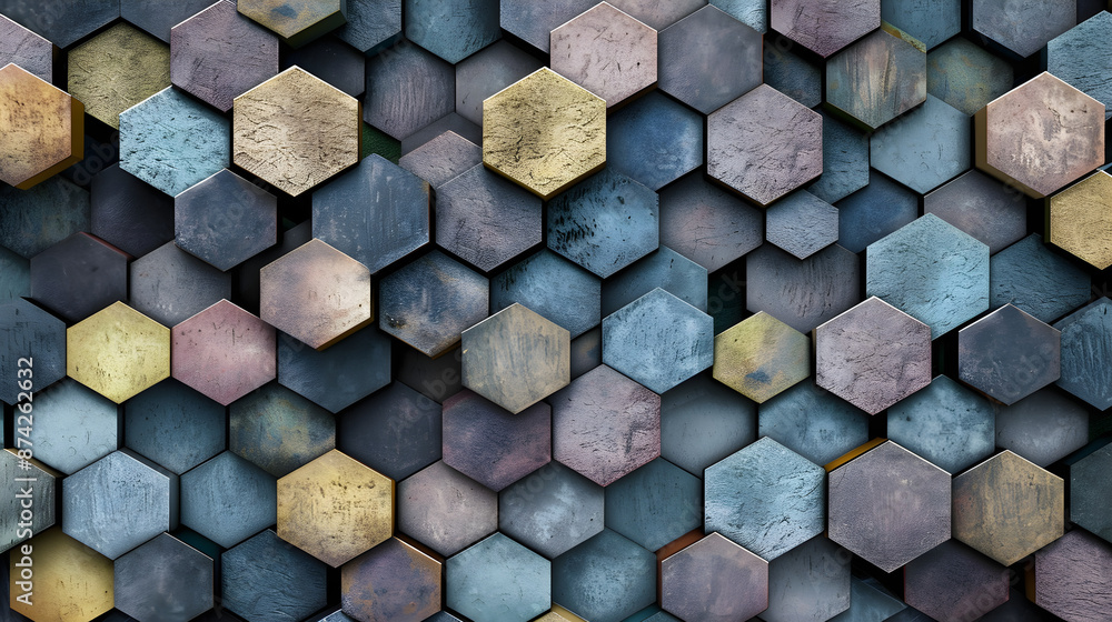 A symmetrical design of hexagons in soft, muted colors creating a geometric pattern. A symmetrical design of hexagons in soft, muted colors creating a geometric pattern.