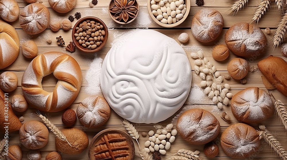 Realistic photography, top view of a clean surface which has traditional bakery items on it Realistic photography, top view of a clean surface which has traditional bakery items on it