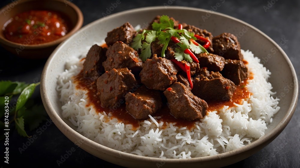 Spicy Beef Rendang with Extra Chili with warm rice on a clean white plate. Ai Generative. Spicy Beef Rendang with Extra Chili with warm rice on a clean white plate. Ai Generative.