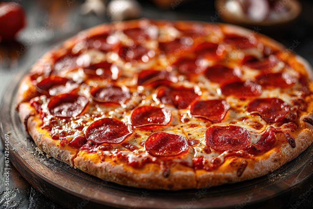 Tasty pepperoni pizza and cooking ingredients tomatoes basil on black concrete background Tasty pepperoni pizza and cooking ingredients tomatoes basil on black concrete background