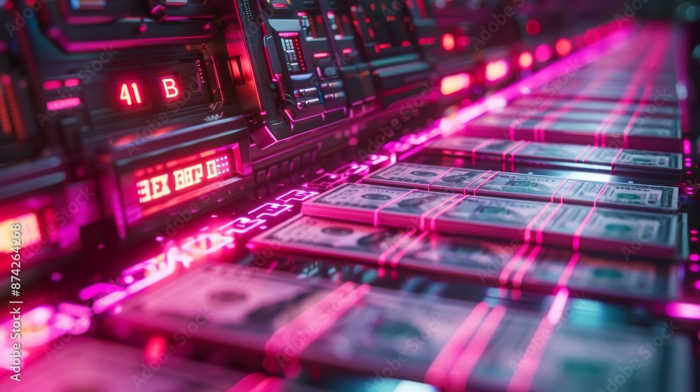 DETAILED ANDROID ROBOT MINTING $100 BILLS,EXTREMELY DETAILED,PHOTO REALISTIC,BRIGHT NEON COLORS,4K UHD DETAILED ANDROID ROBOT MINTING $100 BILLS,EXTREMELY DETAILED,PHOTO REALISTIC,BRIGHT NEON COLORS,4K UHD