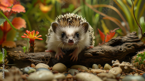 A hedgehog in a naturalistic enclosure with rocks, plants, and a log for hiding. Its curious look and the detailed surroundings make for an endearing sight.