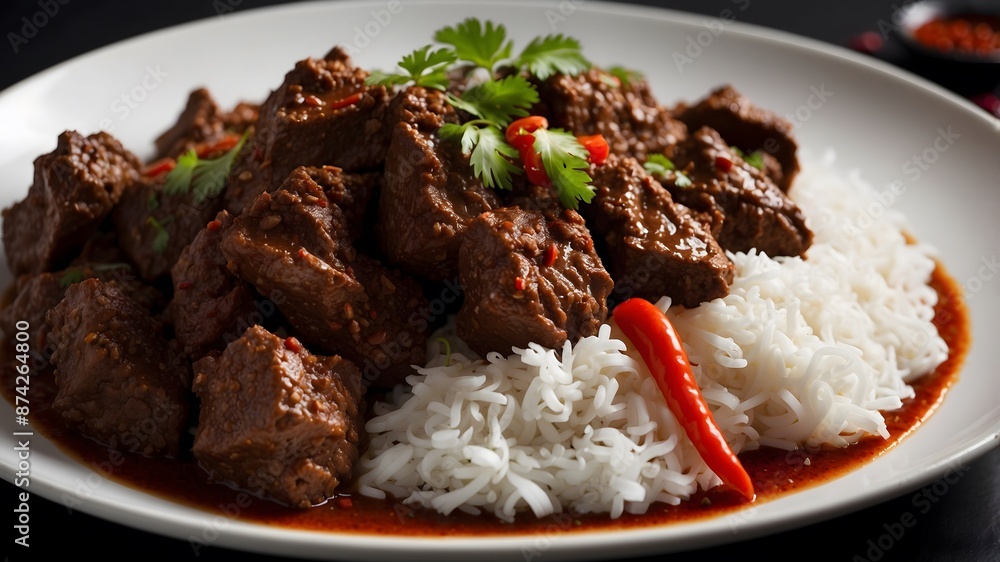 Spicy Beef Rendang with Extra Chili with warm rice on a clean white plate. Ai Generative. Spicy Beef Rendang with Extra Chili with warm rice on a clean white plate. Ai Generative.