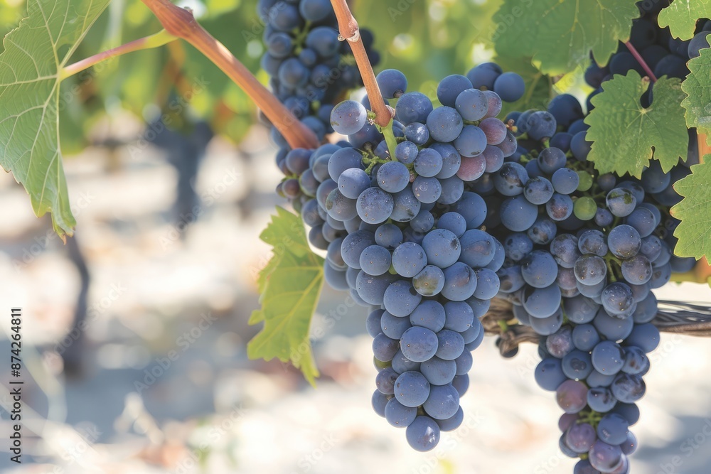 Fototapeta premium Many red grapes are grown in the vineyards. Clustered on the branches, these grapes are rich in nutrients and unique taste, and are one of the important ingredients in wine making