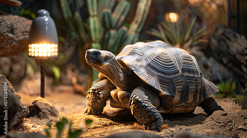 A desert-themed tortoise enclosure featuring a tortoise under a heat lamp, set amidst sand, rocks, and cacti. The calm scene captures the tortoise's slow, deliberate movements and its authentic desert photo