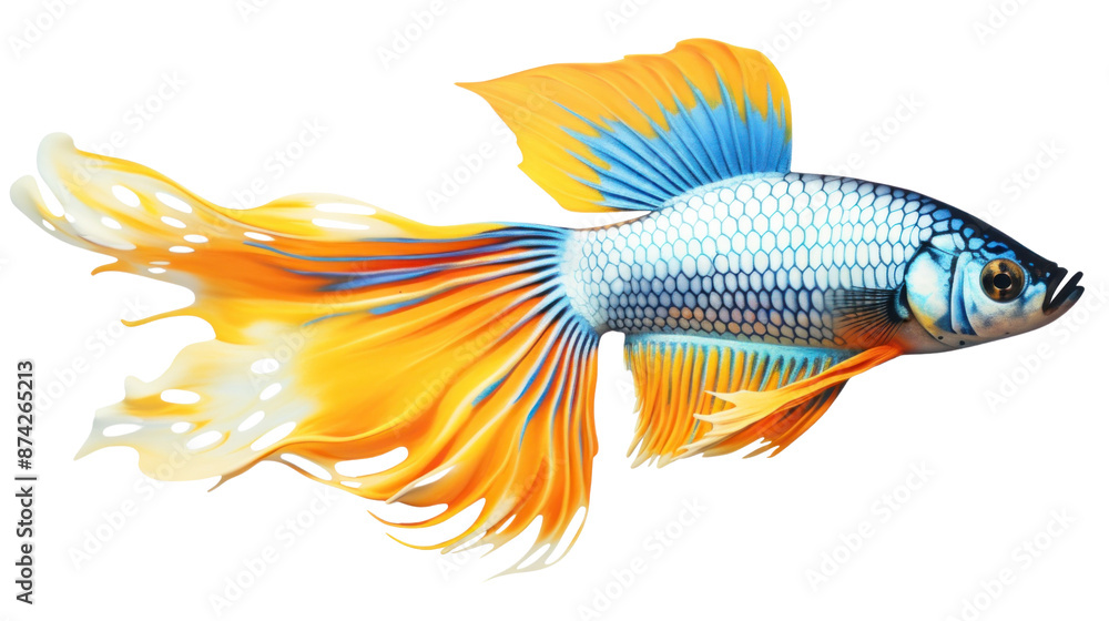 Fototapeta premium A photorealistic portrait of a regal Guppy fish, its tail fanning out like a colorful crown