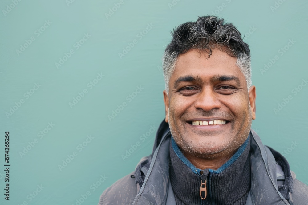 Obraz premium Portrait of a grinning indian man in his 40s wearing a lightweight packable anorak in pastel or soft colors background