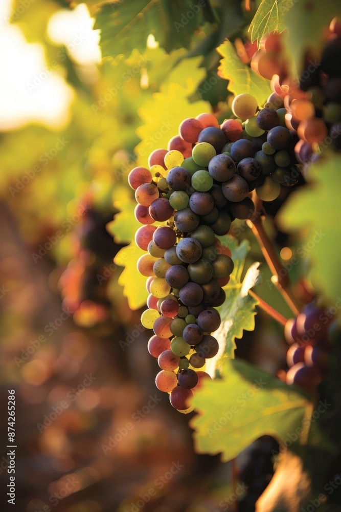 Fototapeta premium Many red grapes are grown in the vineyards. Clustered on the branches, these grapes are rich in nutrients and unique taste, and are one of the important ingredients in wine making