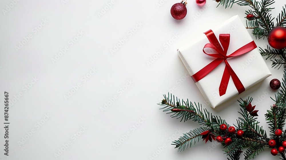 Celebrate the festive season with a beautifully wrapped gift box tied with a red ribbon, complete with a spruce branch and holiday decorations on a pristine white background. Celebrate the festive season with a beautifully wrapped gift box tied with a red ribbon, complete with a spruce branch and holiday decorations on a pristine white background.