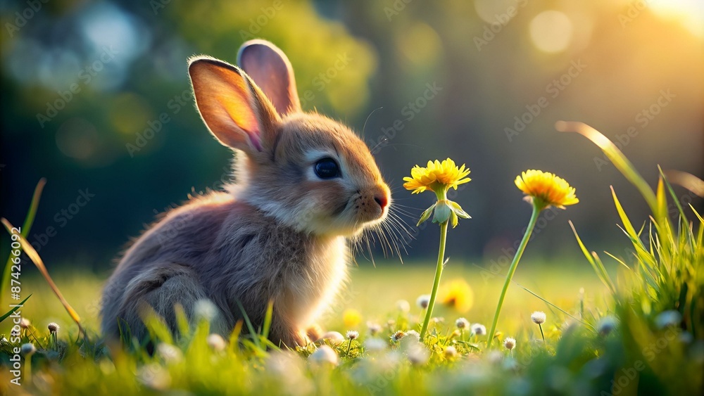 Cute baby rabbit sitting in grass, looking at flower generated by AI Cute baby rabbit sitting in grass, looking at flower generated by AI