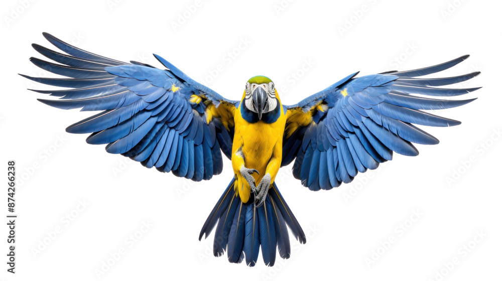 Naklejka premium A majestic hyacinth macaw parrot, the largest of its kind, showcasing its stunning blue and yellow feathers