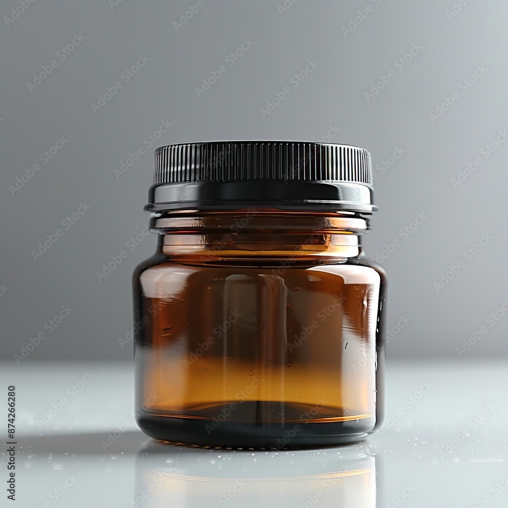 Close-up of a small amber glass jar with a black screw cap, perfect for storing liquids or small items on a light gray background. Close-up of a small amber glass jar with a black screw cap, perfect for storing liquids or small items on a light gray background.