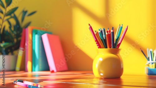  A study table with back-to-school supplies, featuring colorful pens and pencils in a colorful vase, arranged neatly for the new school year. 
