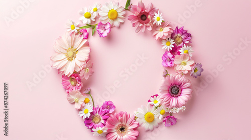 Happy Women's Day Decoration Concept Made from Flowers: Illustrating a decoration concept for Women's Day, featuring flowers arranged on a pink pastel background to celebrate the occasion.