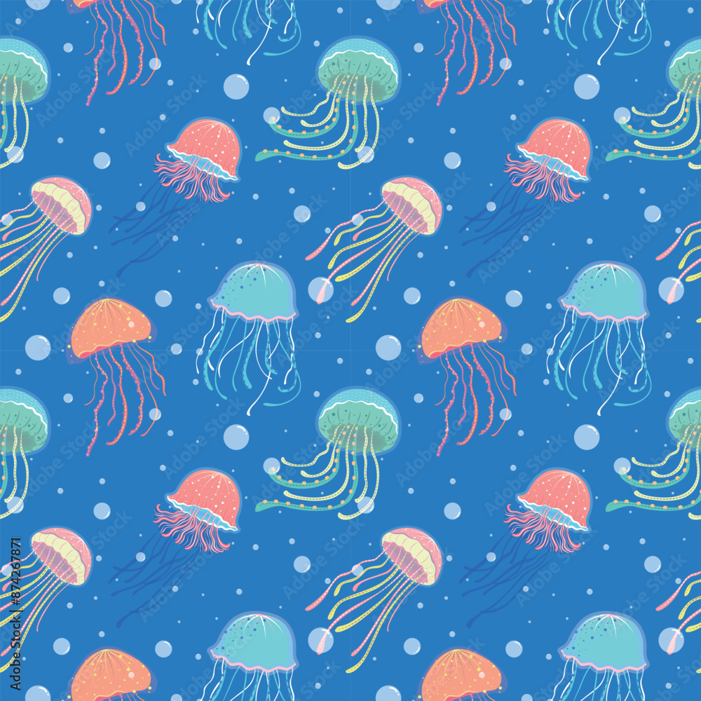 Seamless pattern with jellyfish in cartoon style. Blue background. The underwater world. Perfect for clothing design, home textiles, fabric print, scrapbook elements, greeting card and wrapping paper. Seamless pattern with jellyfish in cartoon style. Blue background. The underwater world. Perfect for clothing design, home textiles, fabric print, scrapbook elements, greeting card and wrapping paper.