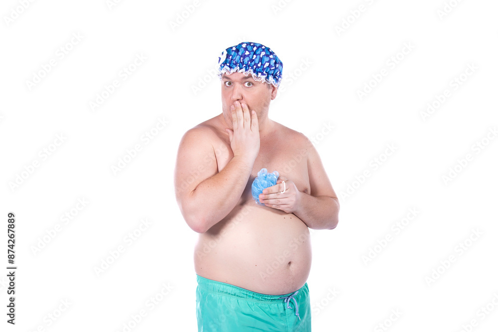 Funny fat man washes himself in the shower. White background. Funny fat man washes himself in the shower. White background.