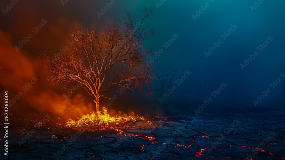Forest Fire, Wildfire burning tree in orange and blue color at night,air pollution cause of dust PM2.5, with foreground Land with dry and cracked ground. Desert,Global warming background Forest Fire, Wildfire burning tree in orange and blue color at night,air pollution cause of dust PM2.5, with foreground Land with dry and cracked ground. Desert,Global warming background
