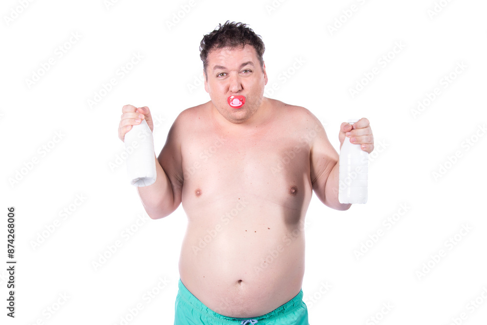 Funny fat man portrays a child with a pacifier. White background. Funny fat man portrays a child with a pacifier. White background.