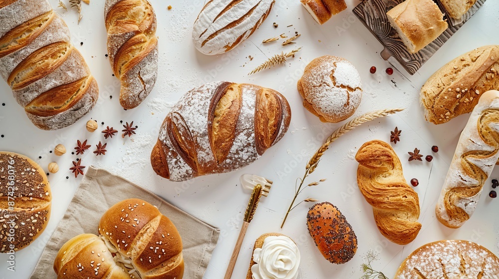Realistic photography, top view of a clean surface which has traditional bakery items on it Realistic photography, top view of a clean surface which has traditional bakery items on it