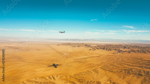 Tranquil scene of an airplane's shadow gliding over a vast desert landscape under a clear blue sky