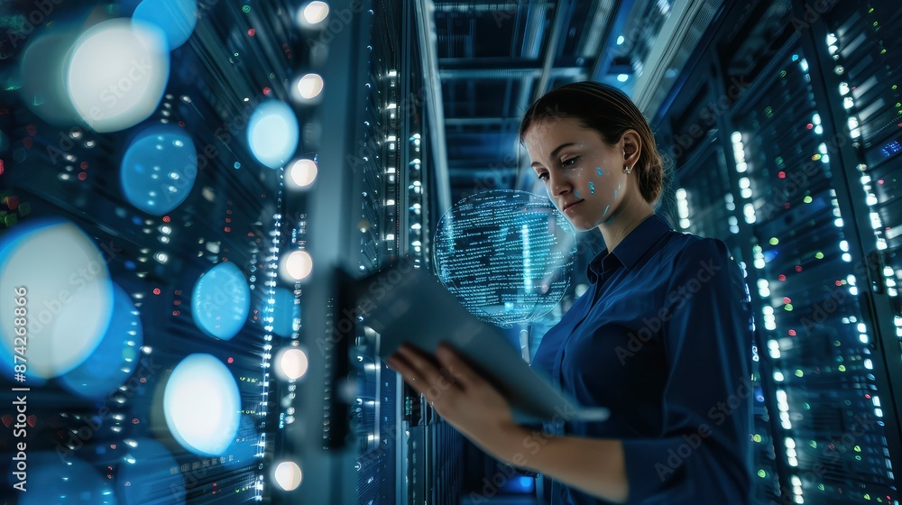 Fototapeta premium Woman works in a server room.