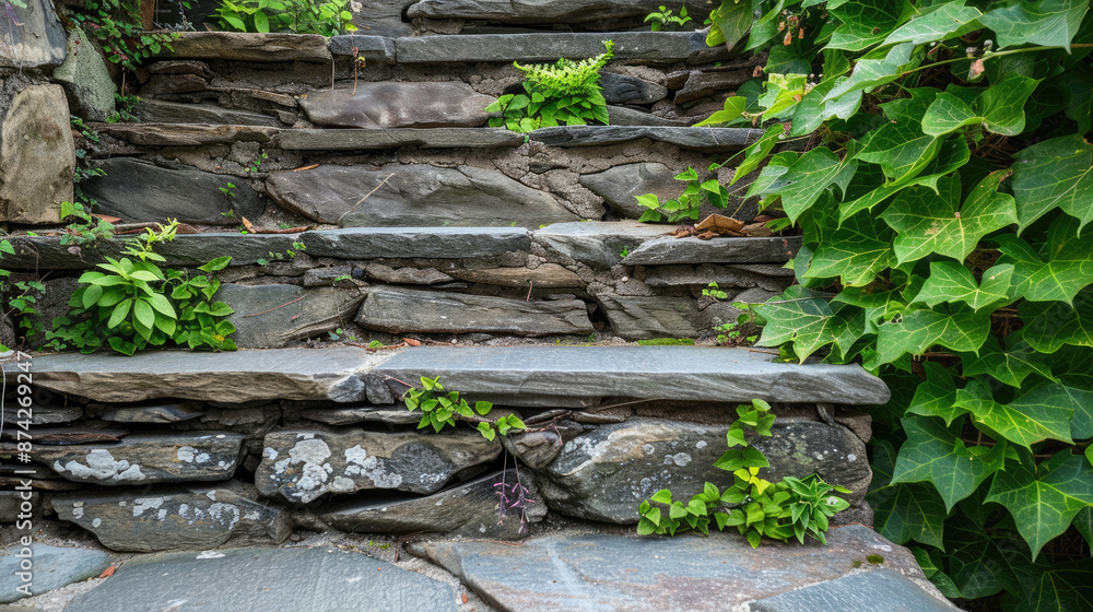 Stone Staircase with Vibrant Green Plants Stone Staircase with Vibrant Green Plants