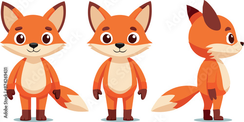 Three cartoon foxes are shown in different poses