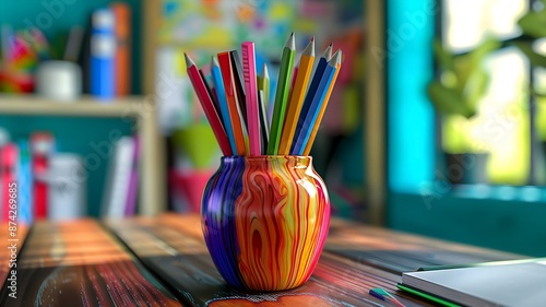  A study table with back-to-school supplies, featuring colorful pens and pencils in a colorful vase, arranged neatly for the new school year. 
