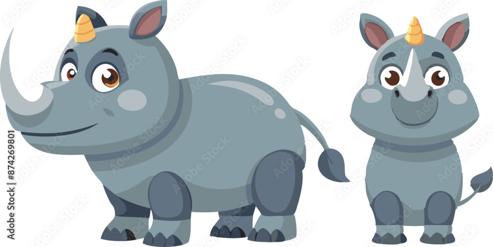 A cartoon rhino with a horn on its head and a baby rhino with a horn on its head
